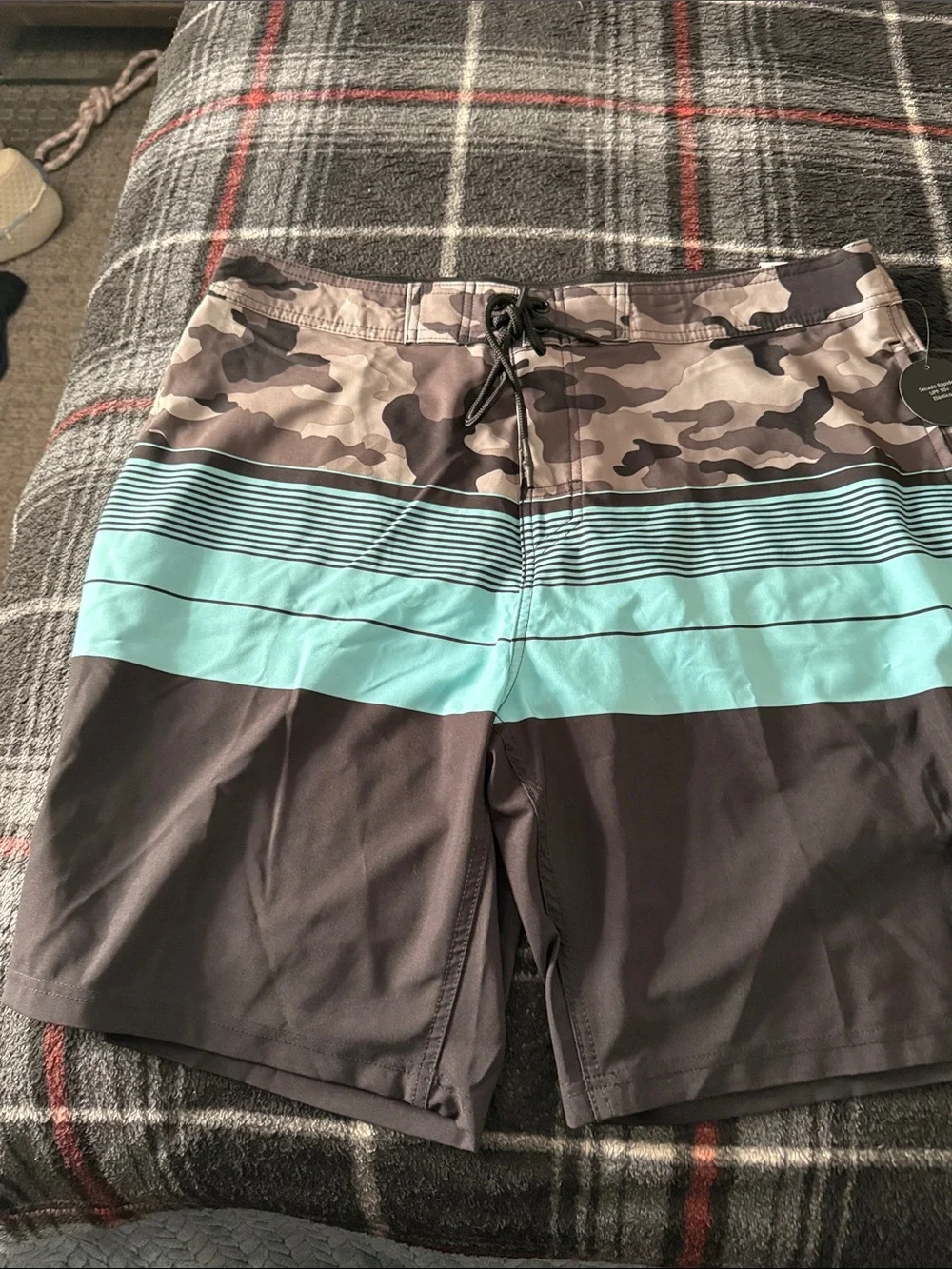 No Boundaries Men’s Camo & Aqua Stripe Swim Trunks